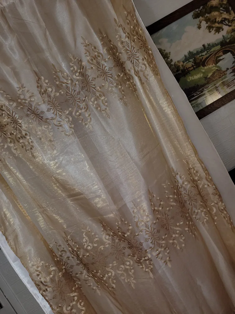 Sheer golden Embroidered Turkish Curtains $25 each image indicator(9)