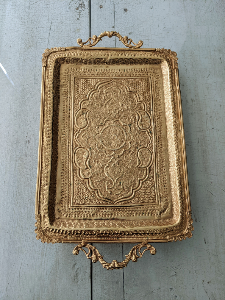 Ornate Gold-Tone Metal Tray with Intricate Detailing