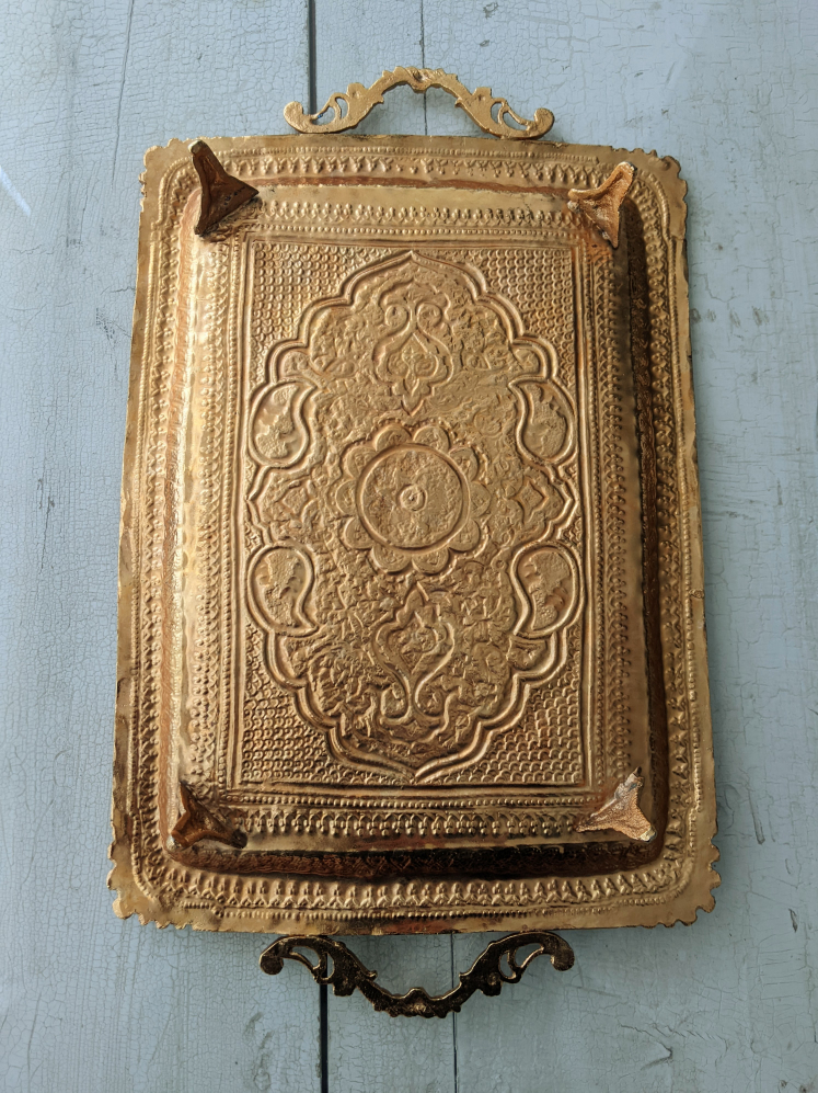 Ornate Gold-Tone Metal Tray with Intricate Detailing - photo 2