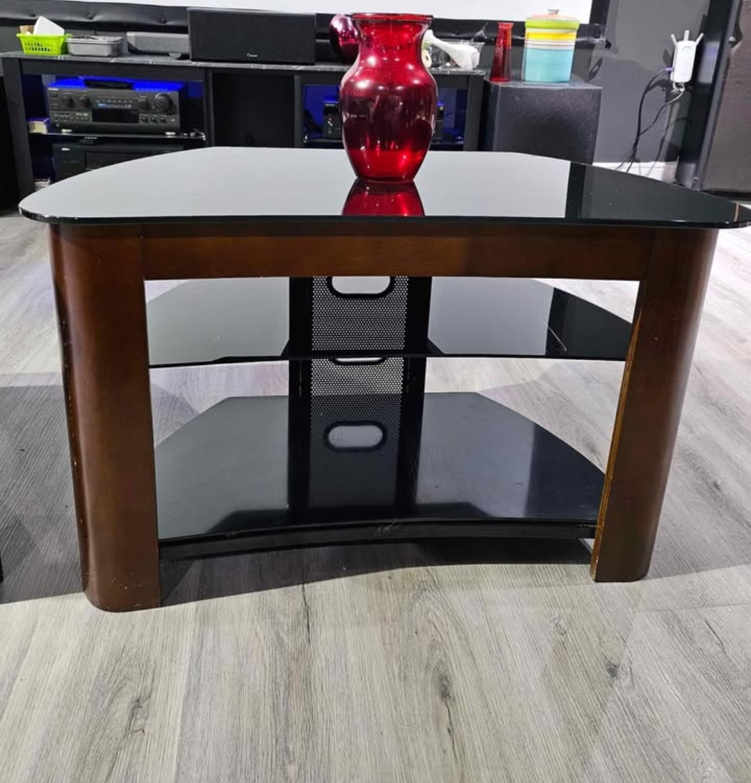 Pair of Corner TV Stands - Black Glass & Wood - photo 3