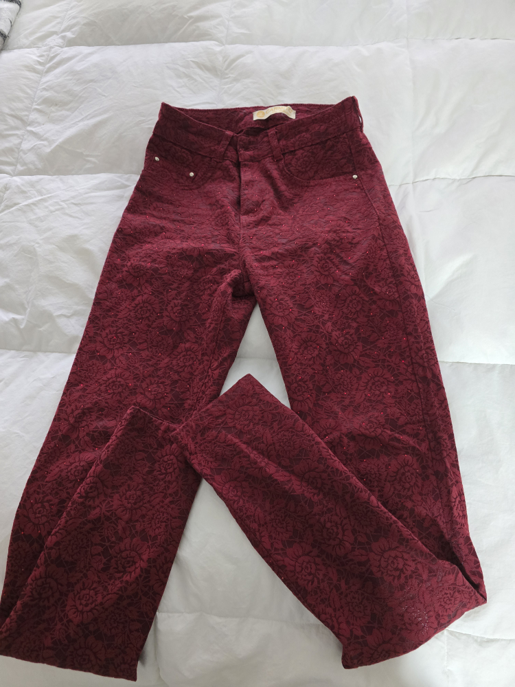 Burgundy Floral Embroidered Jeggings pants - photo 3