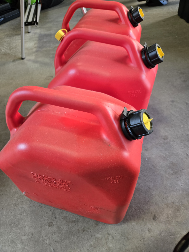 Three 25L Red Gasoline Containers