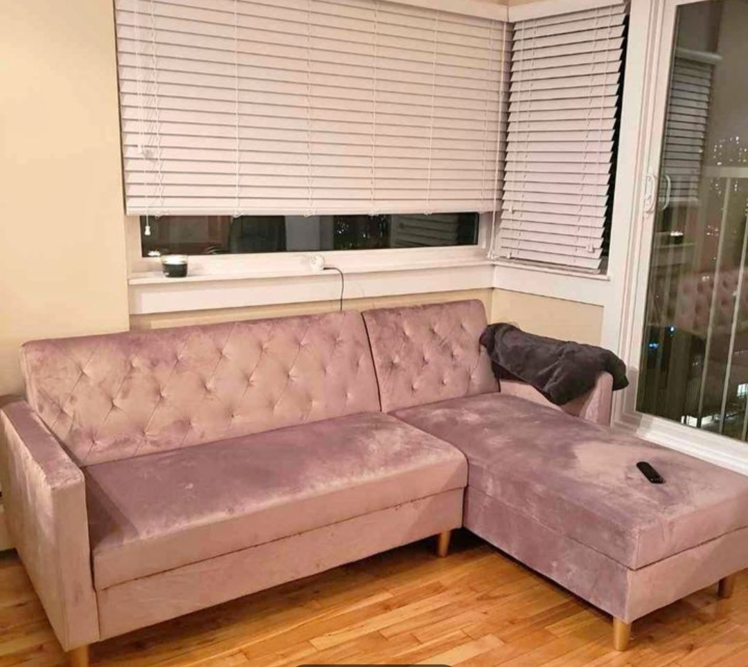 Pink Velvet L-Shaped Sectional Sofa