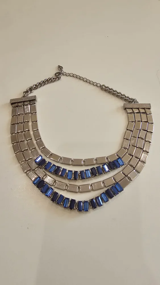 Multi-Strand Silver Tone Necklace with Blue Rhinestones image indicator(10)