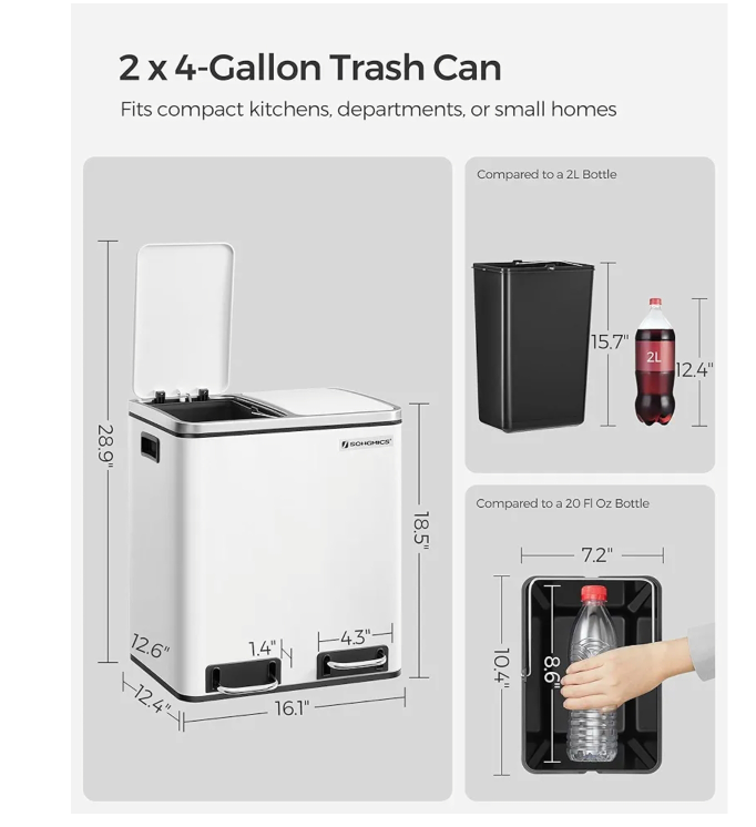 SONGMICS 2 x 4 Gallon Dual Compartment Trash Can - photo 2