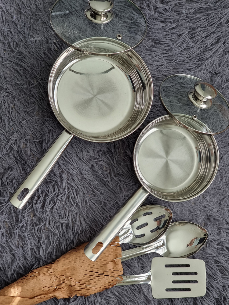 Stainless Steel Cookware Set with Glass Lids and Utensils