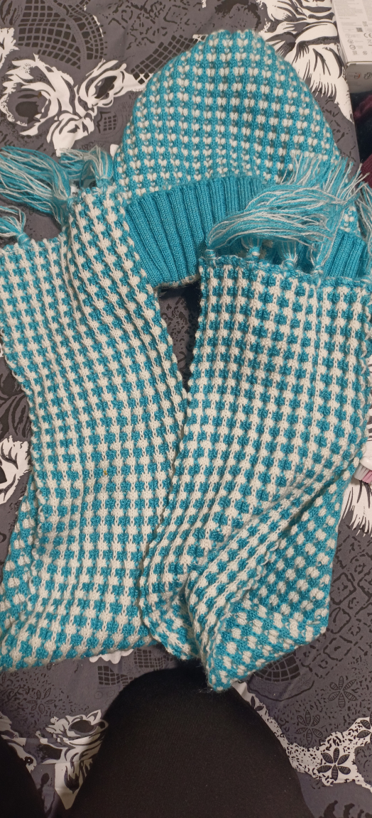 Blue and White Knit Hat and Scarf Set