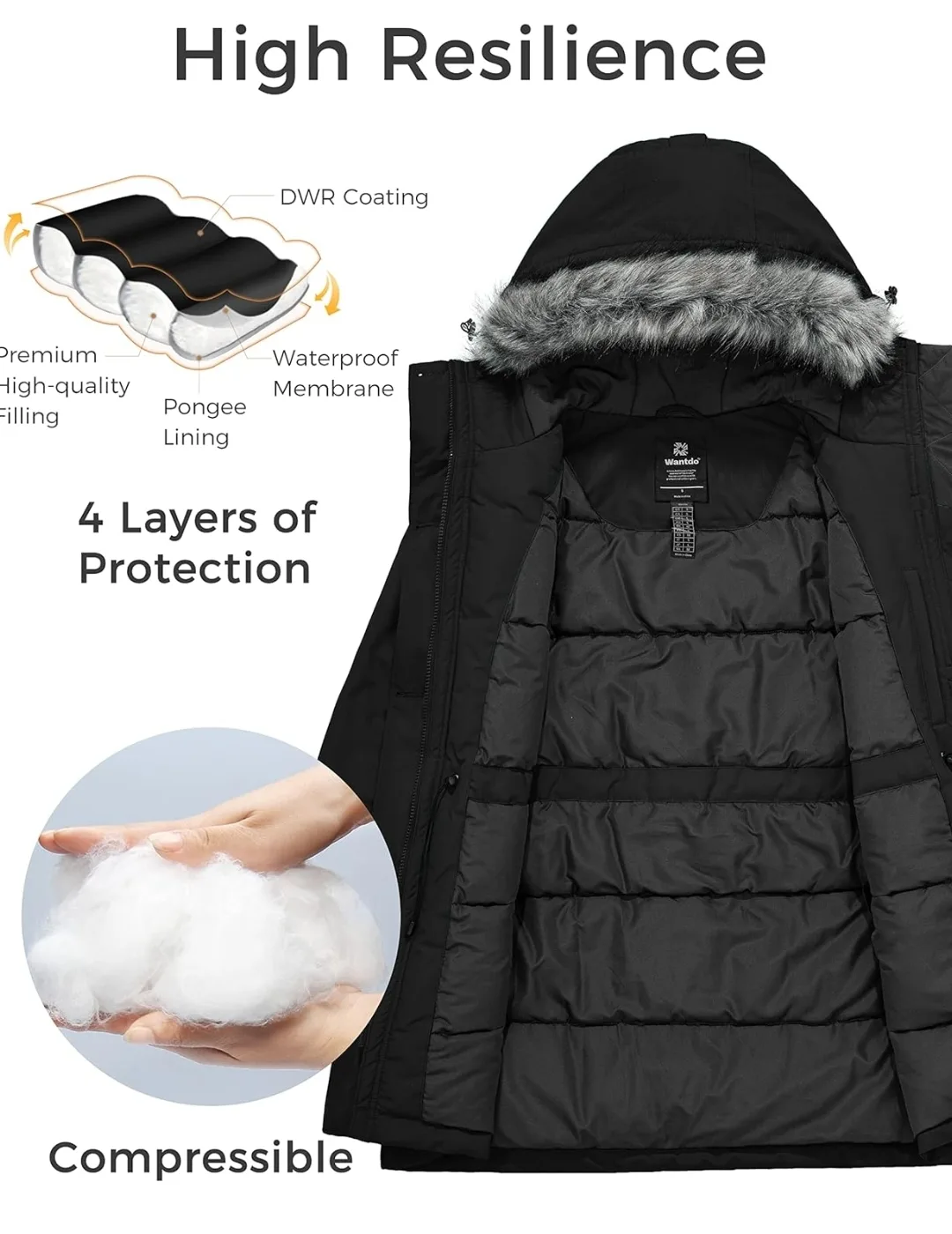 Wantdo Women's Winter Parka - Black Long Puffer Jacket - Size M image indicator(3)