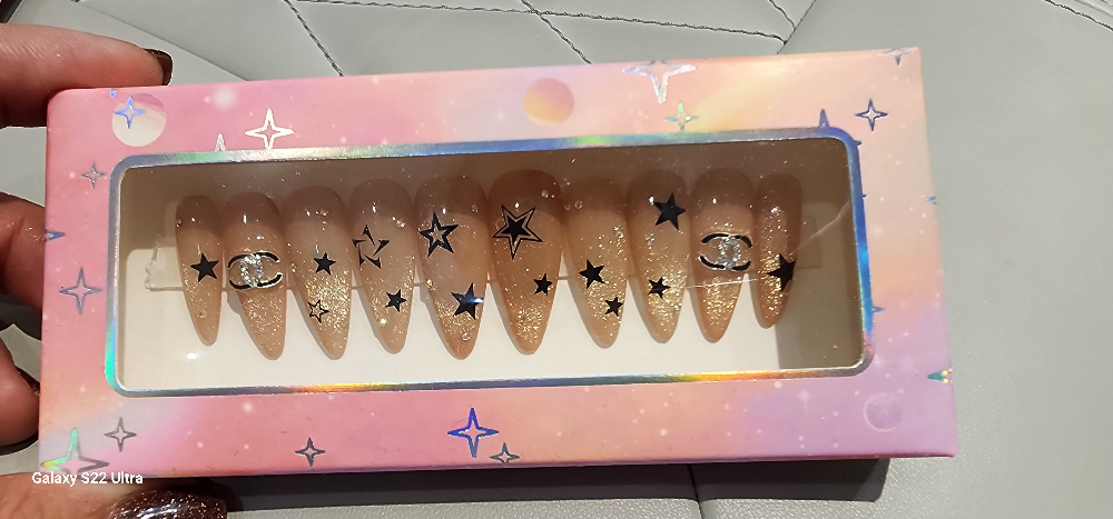 Gold Glitter Star and CC Fake Nails