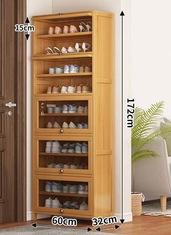 Tall Wooden Shoe Cabinet with Glass Doors