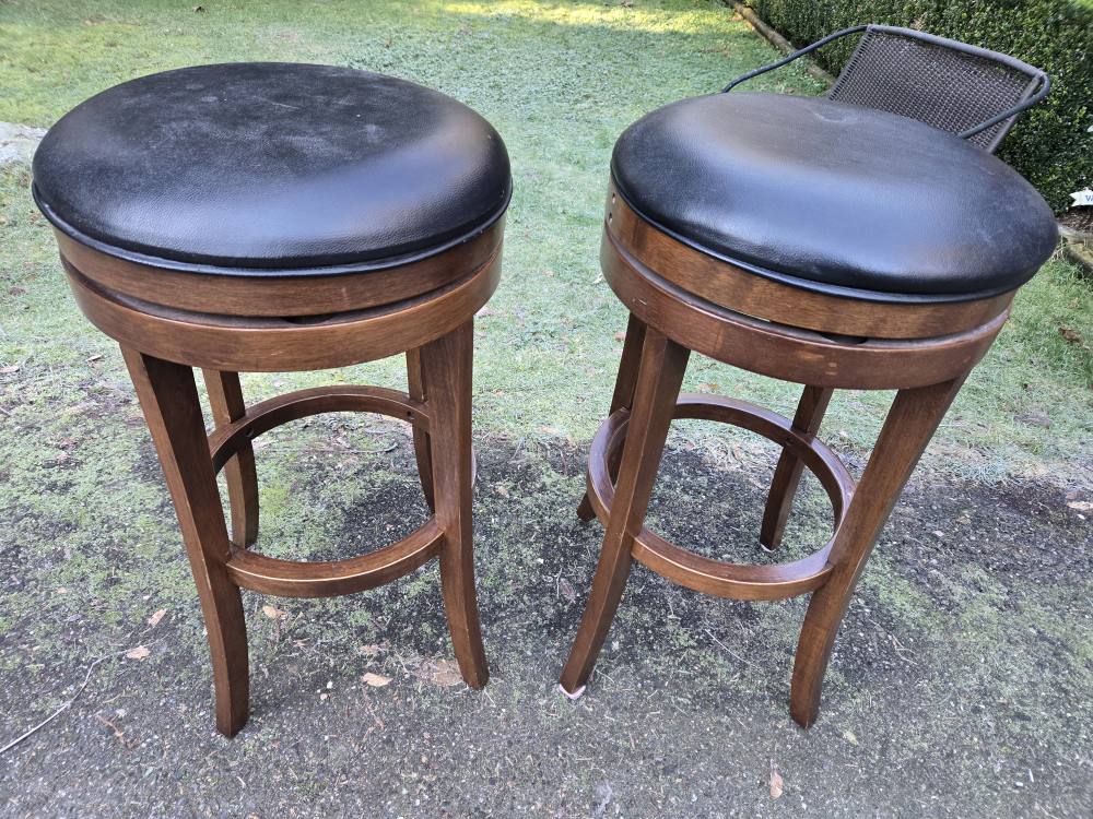 Pair of Brown Wood Bar Stools with Black Vinyl Seats