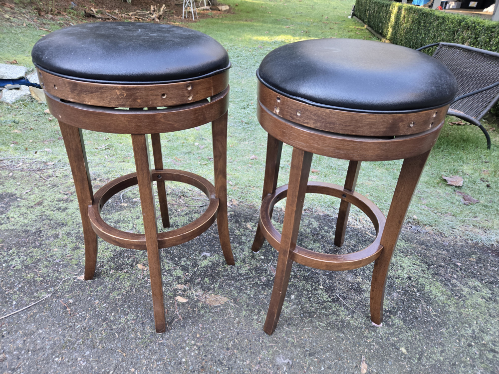 Pair of Brown Wood Bar Stools with Black Vinyl Seats - photo 2