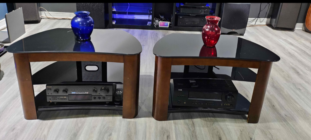 Pair of Corner TV Stands - Black Glass & Wood - photo 2