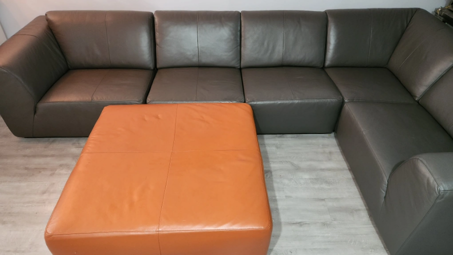 EQ3 Grey Leather Sectional with Orange Leather Ottoman