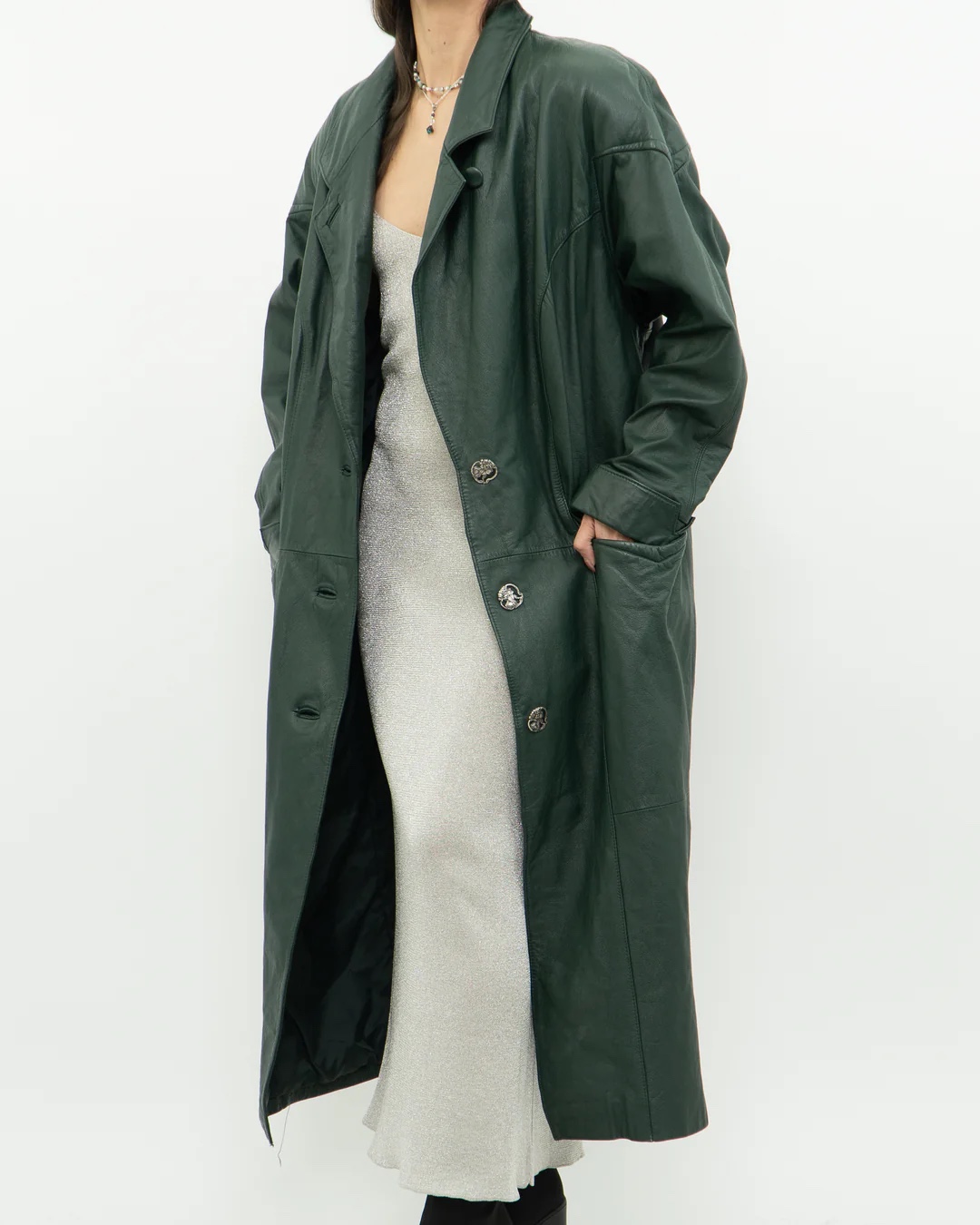 Vintage Forest Green Leather Trench Coat - photo 4