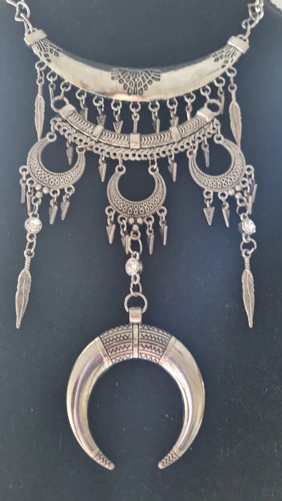 Bohemian Statement Necklace, Silver Crescent Moon Charm image indicator(2)