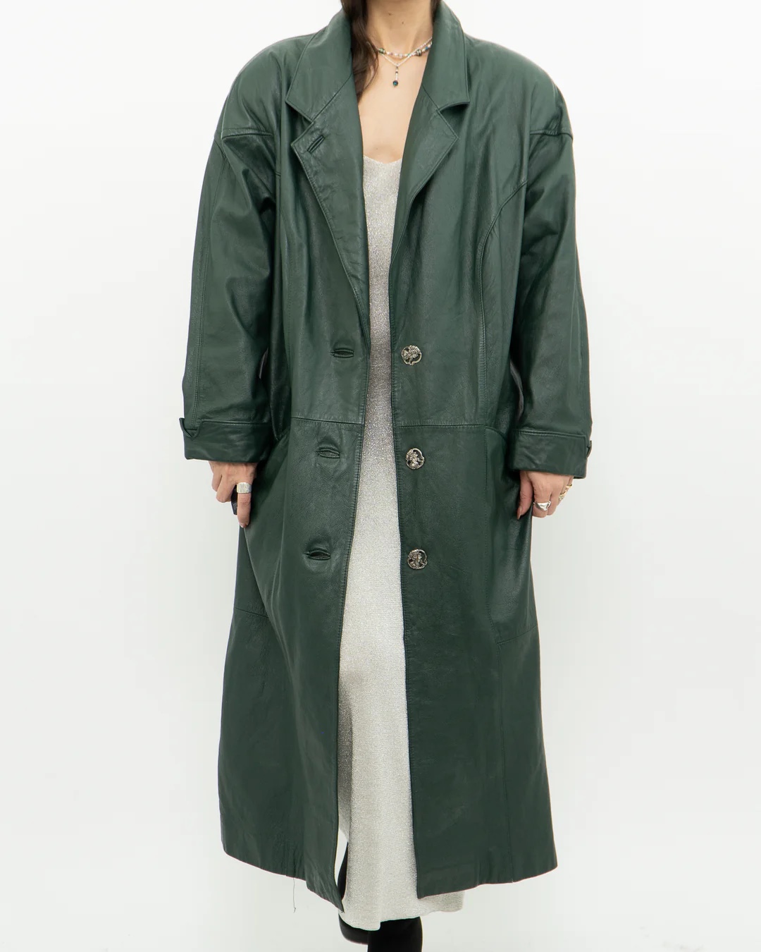 Vintage Forest Green Leather Trench Coat - photo 2