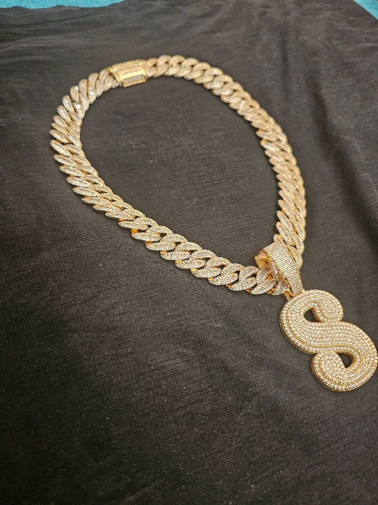 Gold Iced-Out S Pendant with Cuban Link Chain image indicator(3)