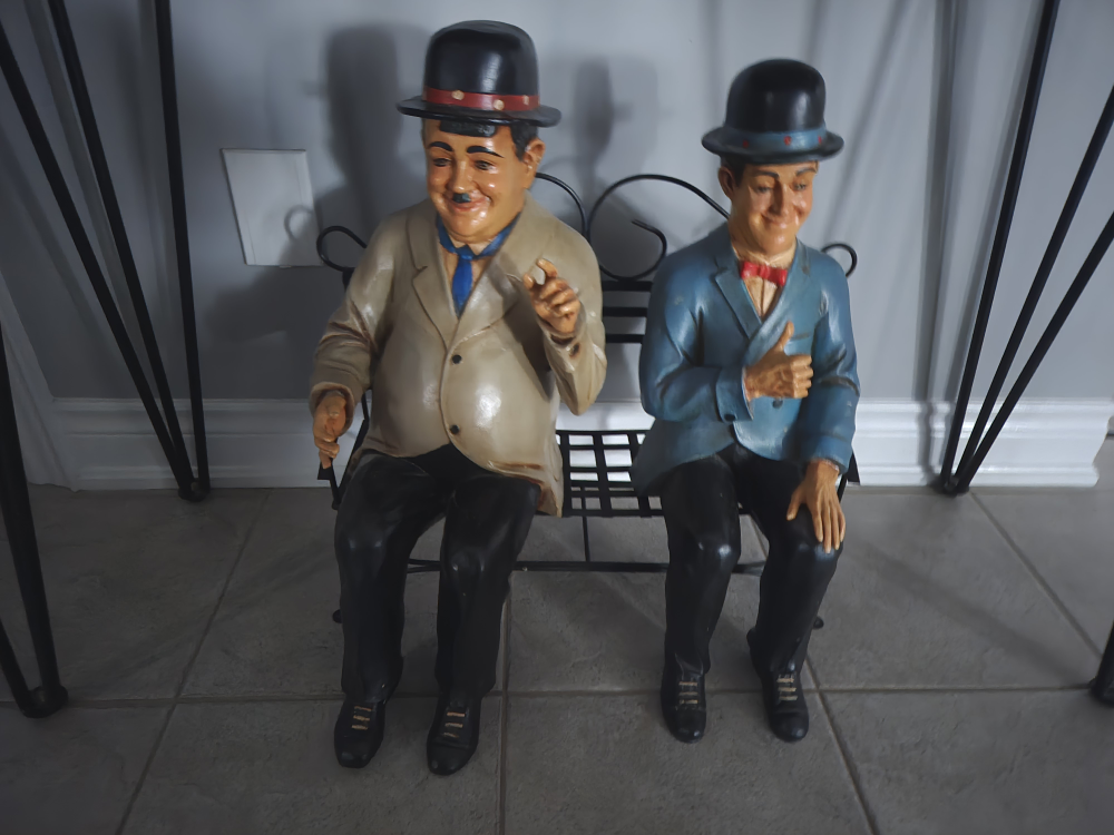 Laurel and Hardy Figurines on Bench