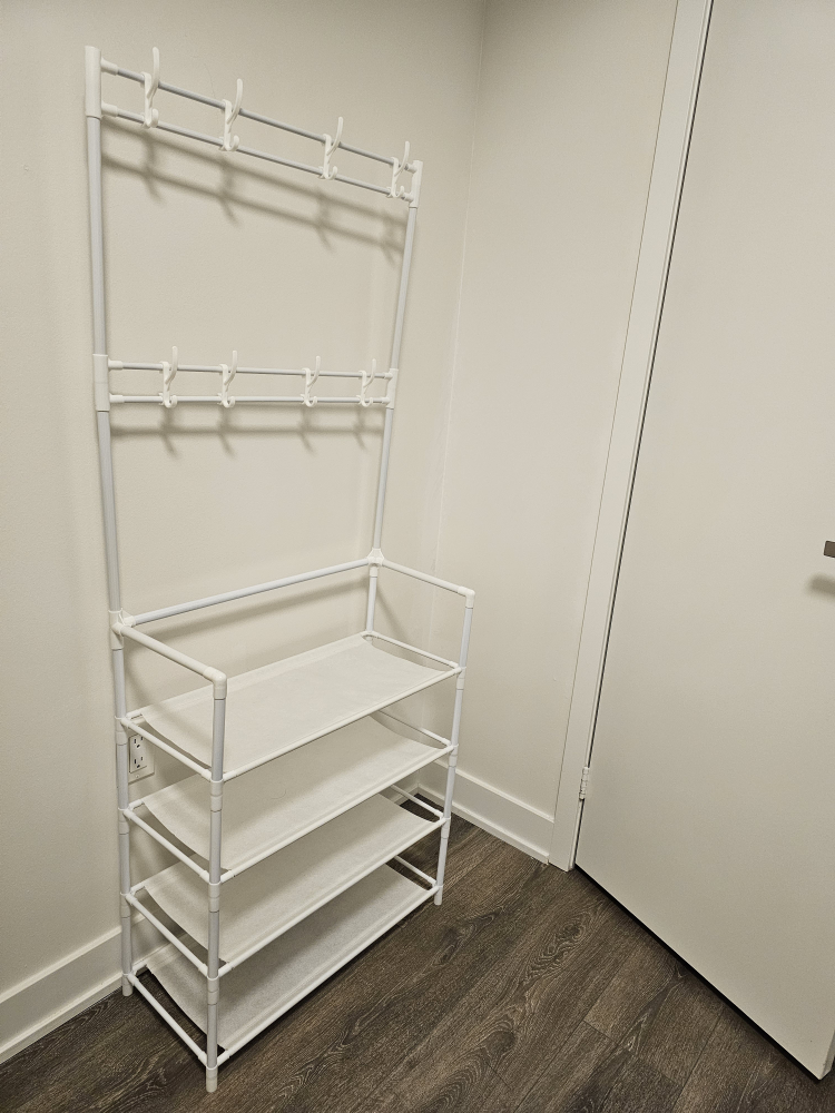 White Coat Rack with fabric shelves