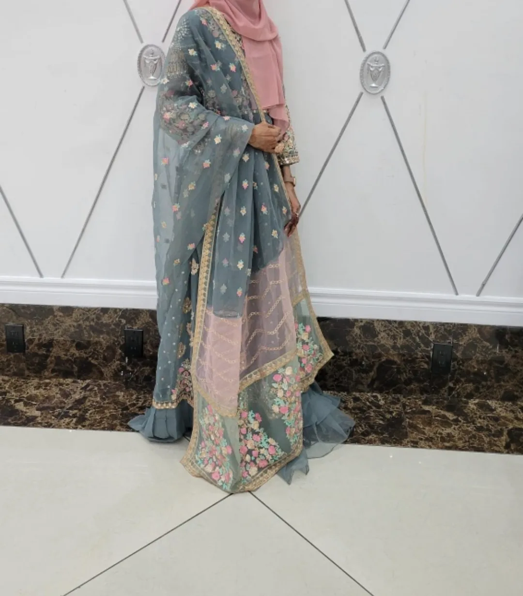 Gorgeous embroidered teal Pakistani Shalwar Kameez image indicator(4)