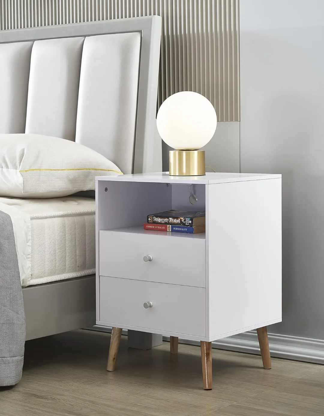 2 x White Mid-Century Modern Nightstand with USB Charging Port thumbnail