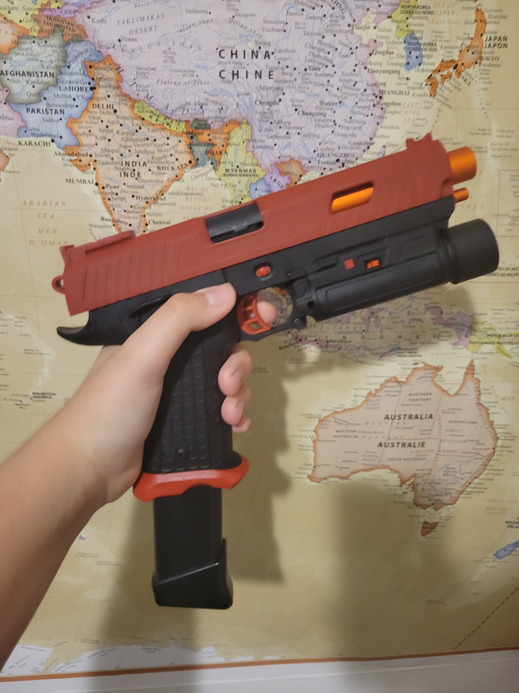 Red and Black PROP Pistol with Magazine and extended mag