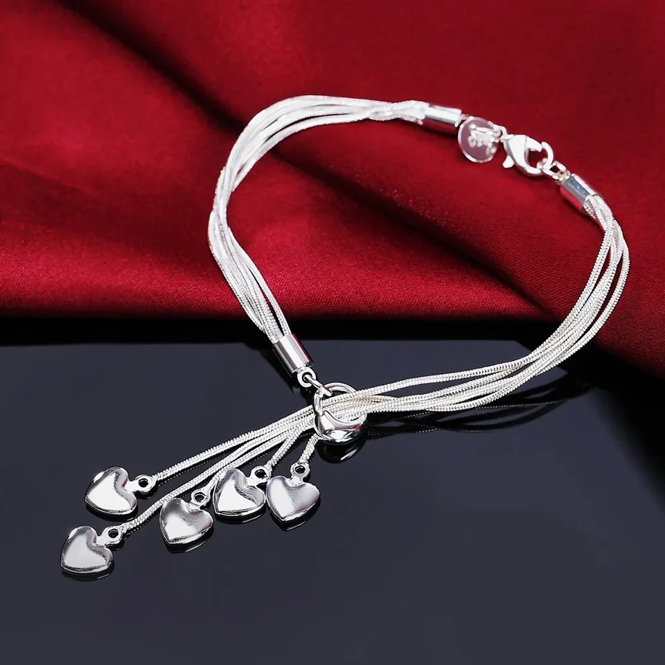 925 Sterling Silver Multi-Strand Bracelet with Heart Charms