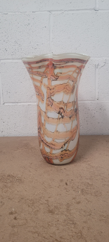 Beautiful Glass Vase, Orange and White Swirl Design