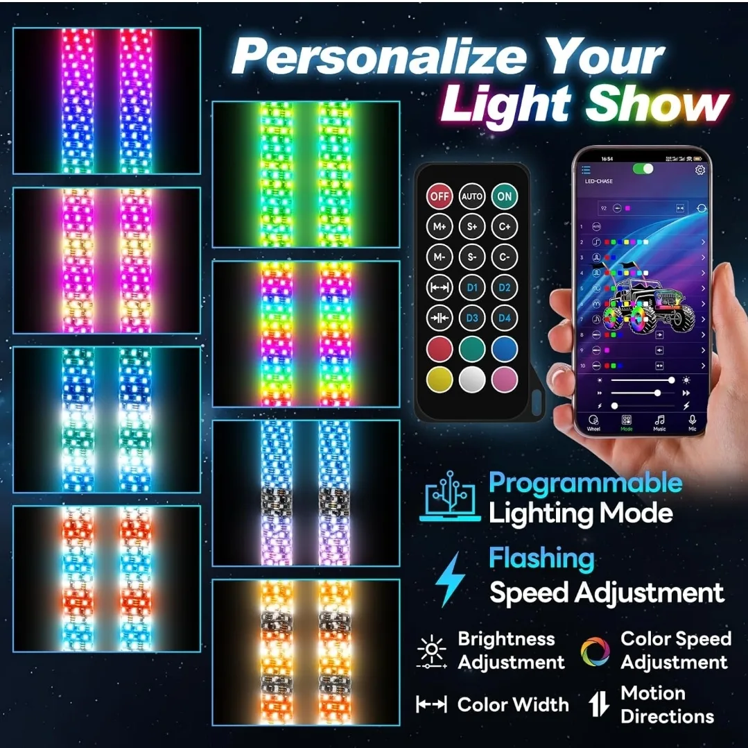 2PCS 3FT RGB LED Whip Lights w/ App & Remote for UTV/ATV image indicator(3)