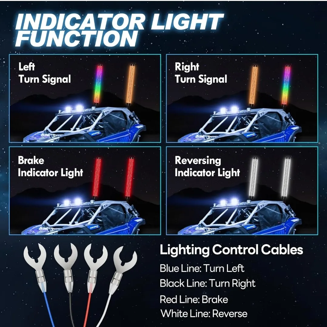 2PCS 3FT RGB LED Whip Lights w/ App & Remote for UTV/ATV image indicator(5)