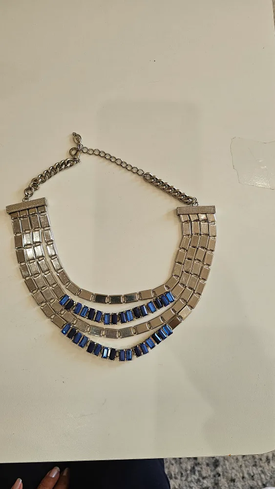 Multi-Strand Silver Tone Necklace with Blue Rhinestones image indicator(9)