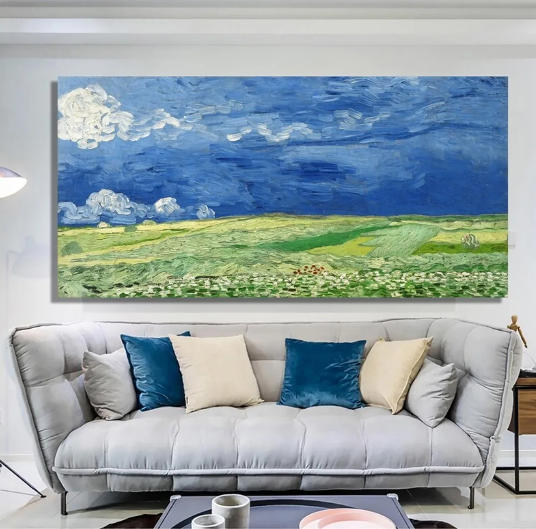 Framed Canvas Wall Art - Van Gogh Wheatfield Under Thunderclouds image indicator(4)