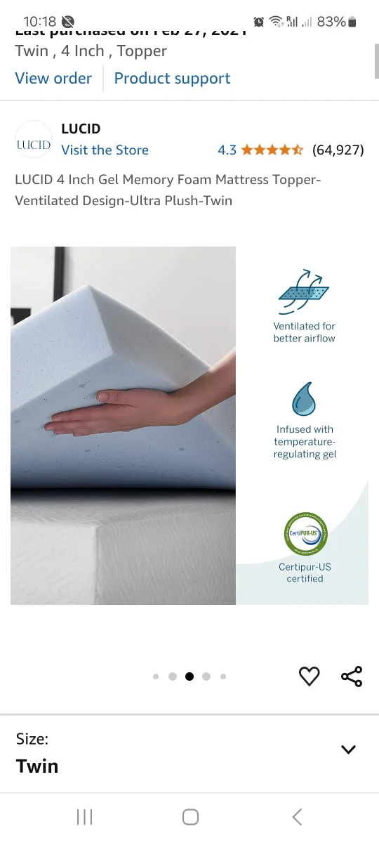 LUCID 4 Inch Gel Memory Foam Mattress Topper - Twin thumbnail