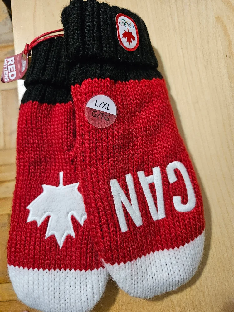 New)Canadian Olympic Size L/XL Team Knit Mittens - Red & Black thumbnail