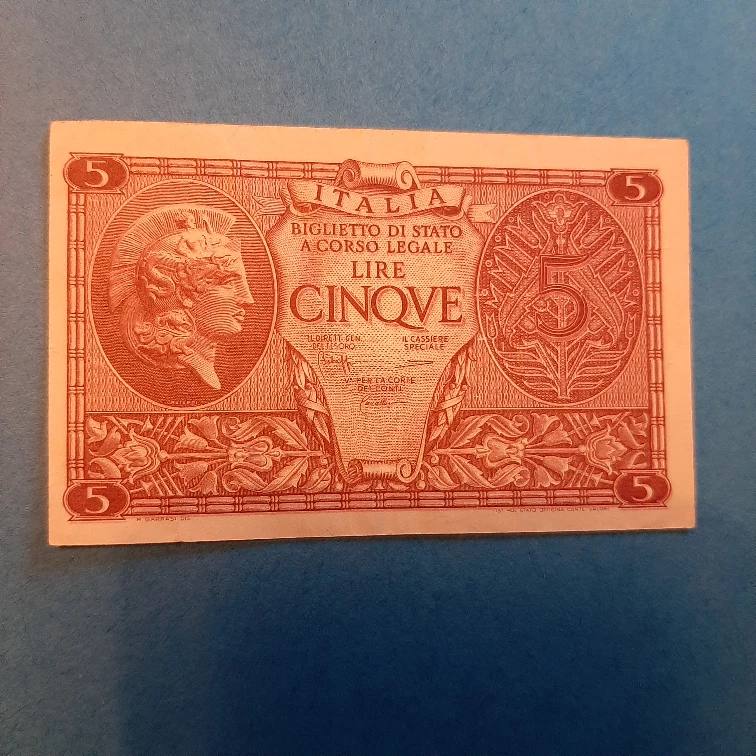 Vintage Italian 5 Lire Banknote