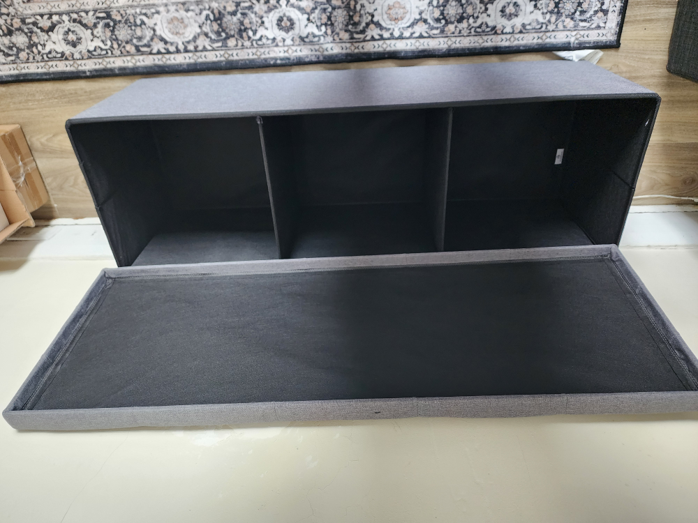 Grey Fabric Storage Ottoman Bench with Three Compartments