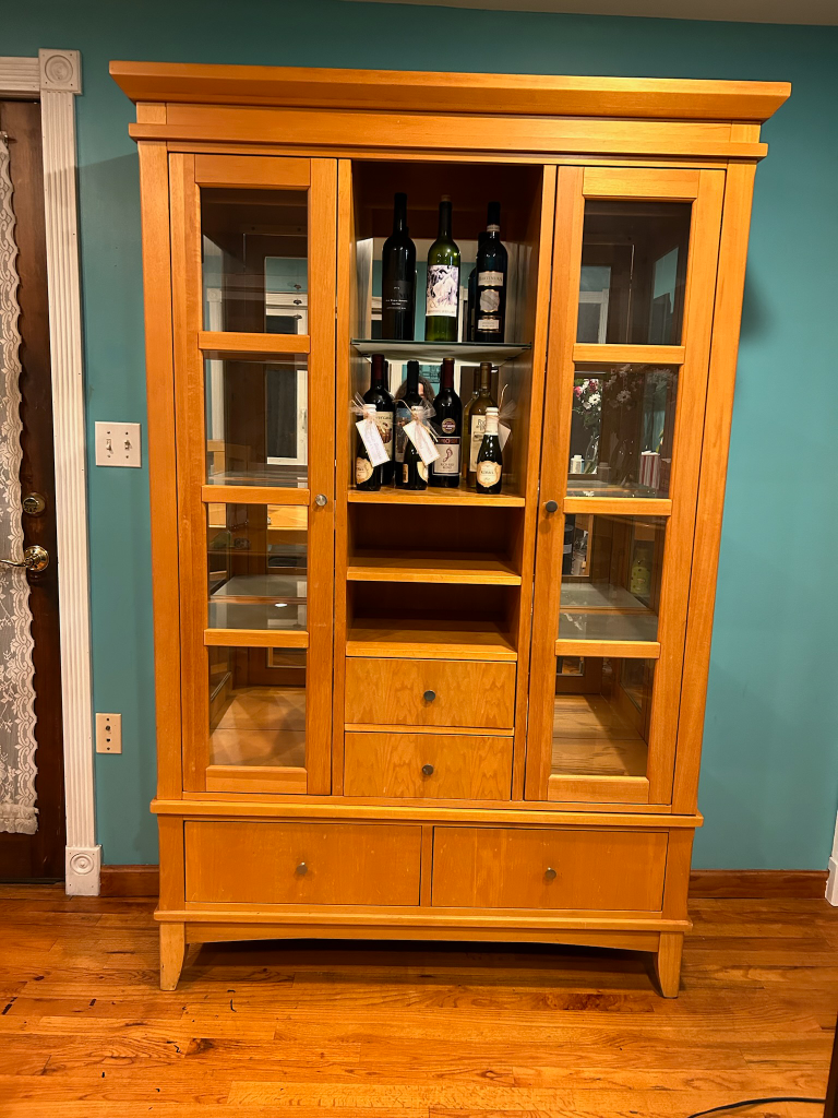 Wooden Curio Cabinet with Glass Doors and Drawers