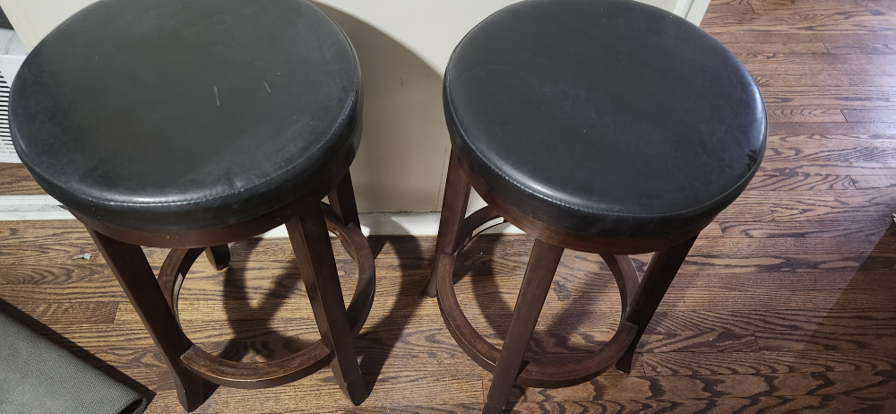 Pair of Dark Brown Bar Stools with Black Leather Seats - photo 2