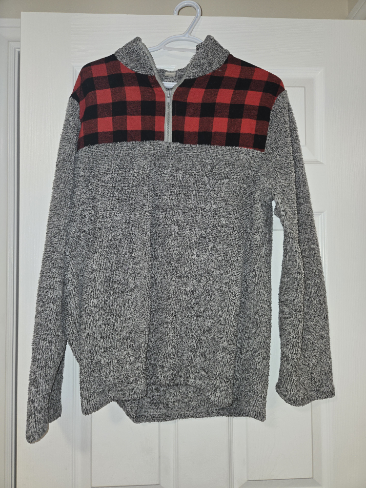 Grey and Red Plaid Fleece Pullover