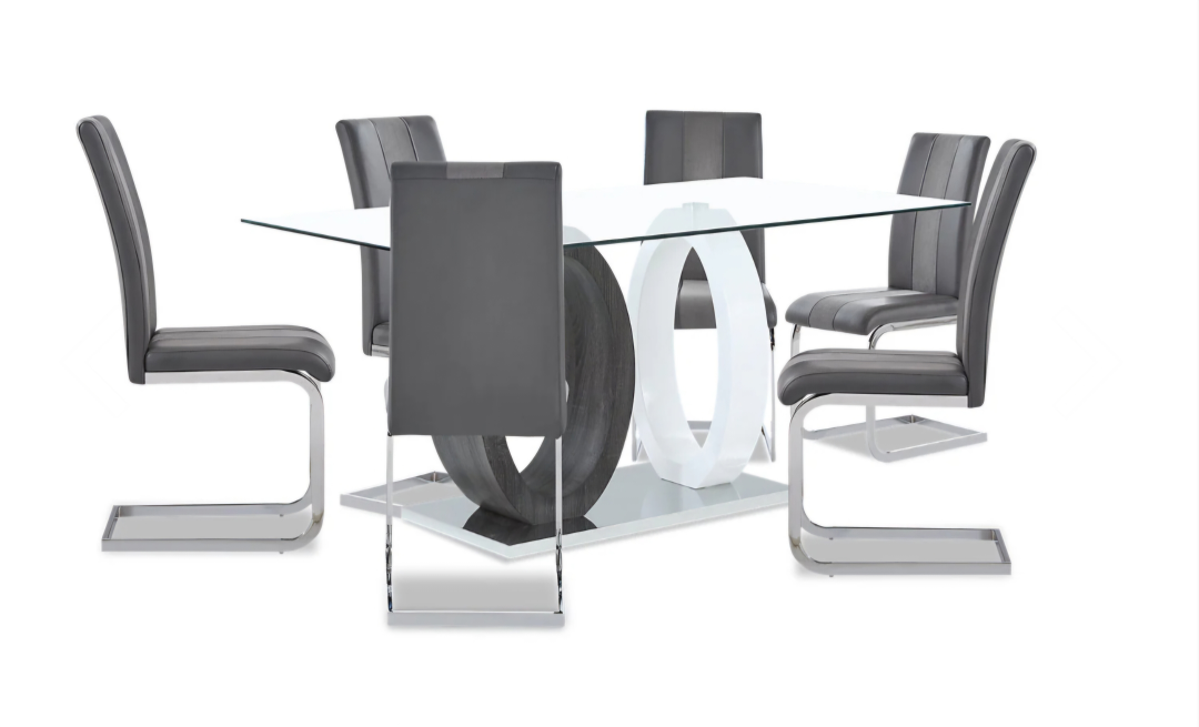Modern Glass Dining Table Set with 6 Grey PU Leather Chairs