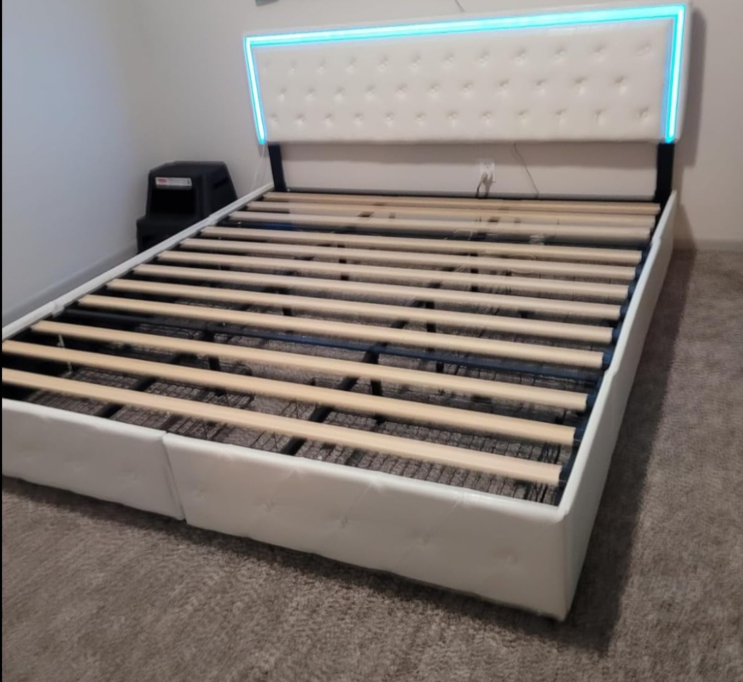 Queen Size Bed Frame with LED Headboard and Storage