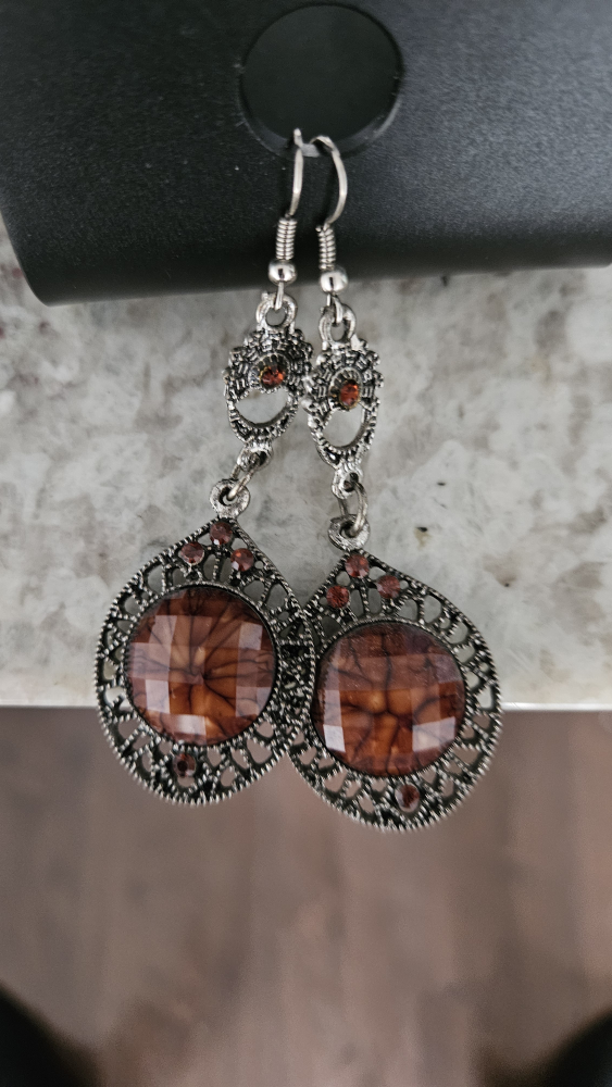 Brown Genstone Silver Tone Dangle Earrings - photo 4