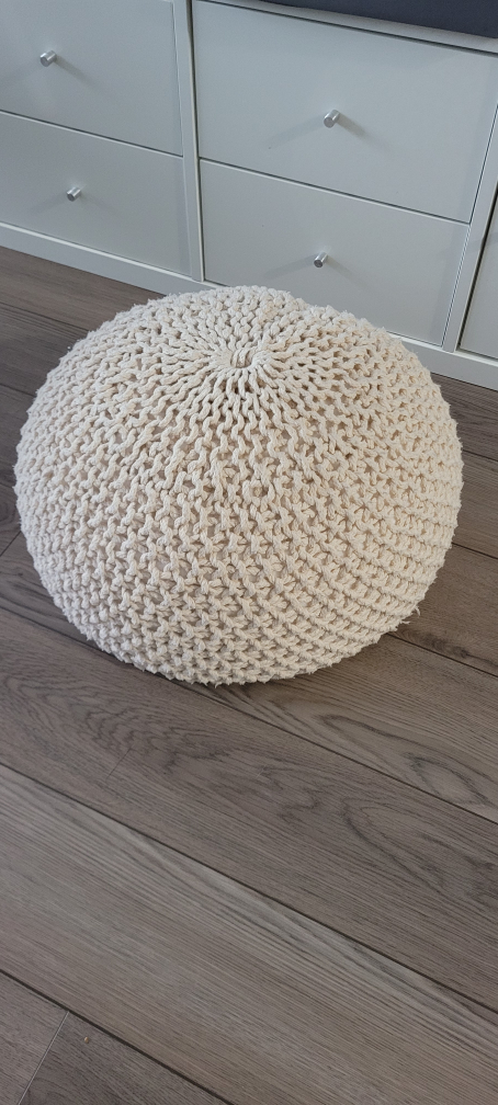 Cream Knitted Round Pouf Ottoman