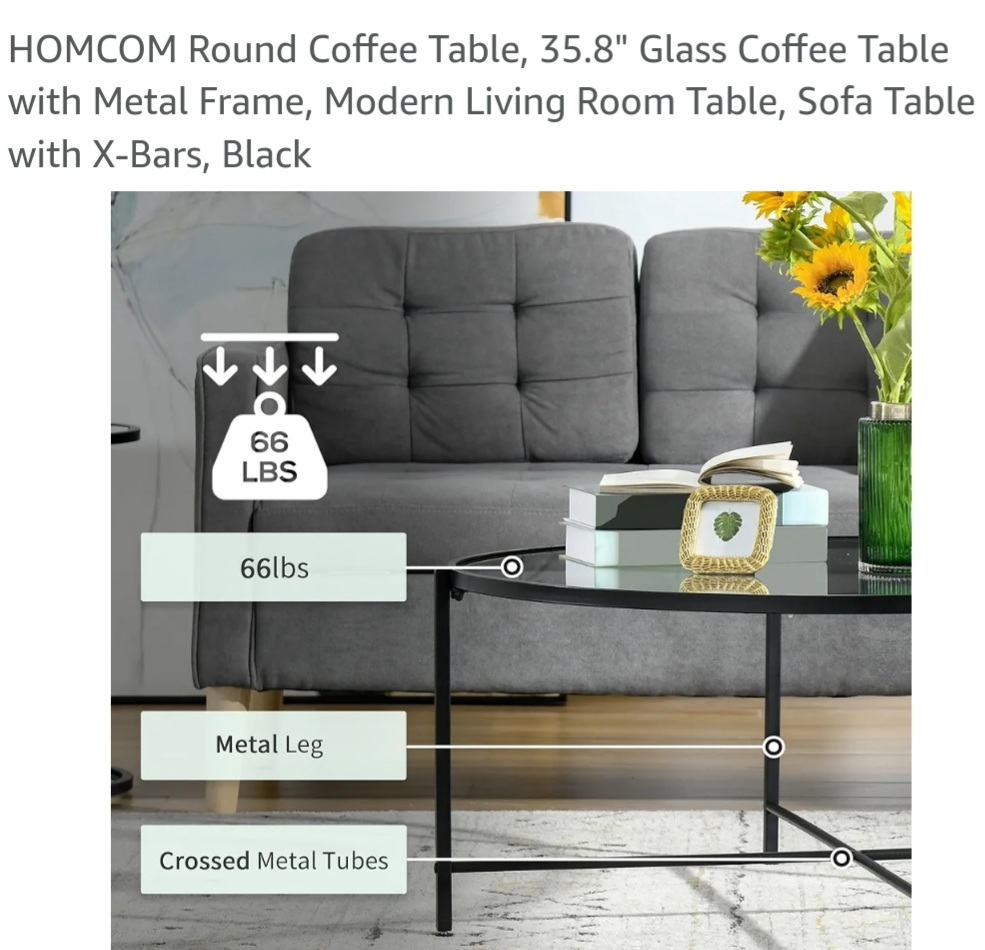HOMCOM Round Coffee Table - 35.8" Glass/black Metal Frame - photo 3