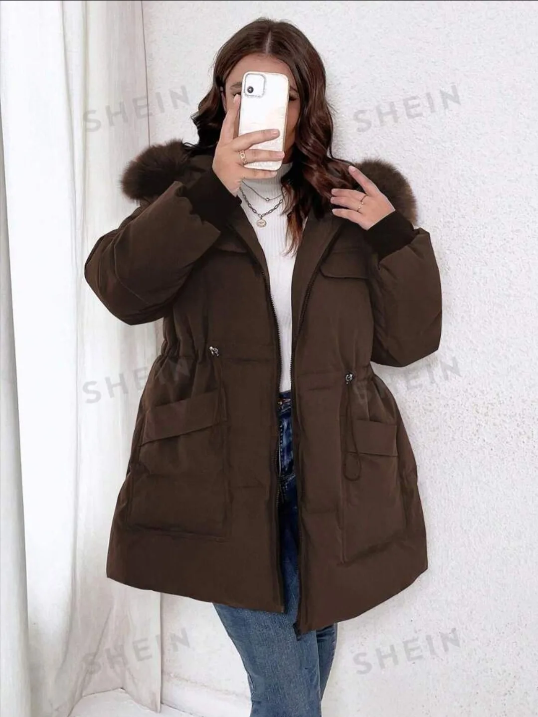 Relaxiva Plus Size Fluffy Patchwork Hooded Coat (US 14 | 1XL) image indicator(4)