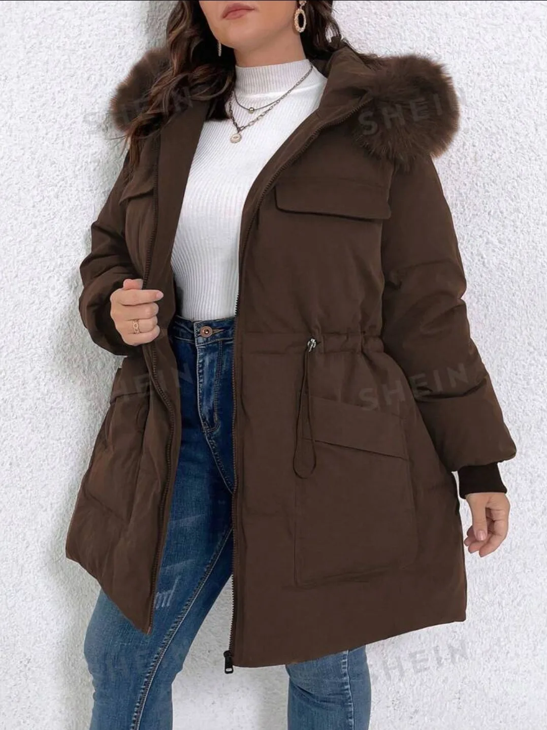 Relaxiva Plus Size Fluffy Patchwork Hooded Coat (US 14 | 1XL) image indicator(6)