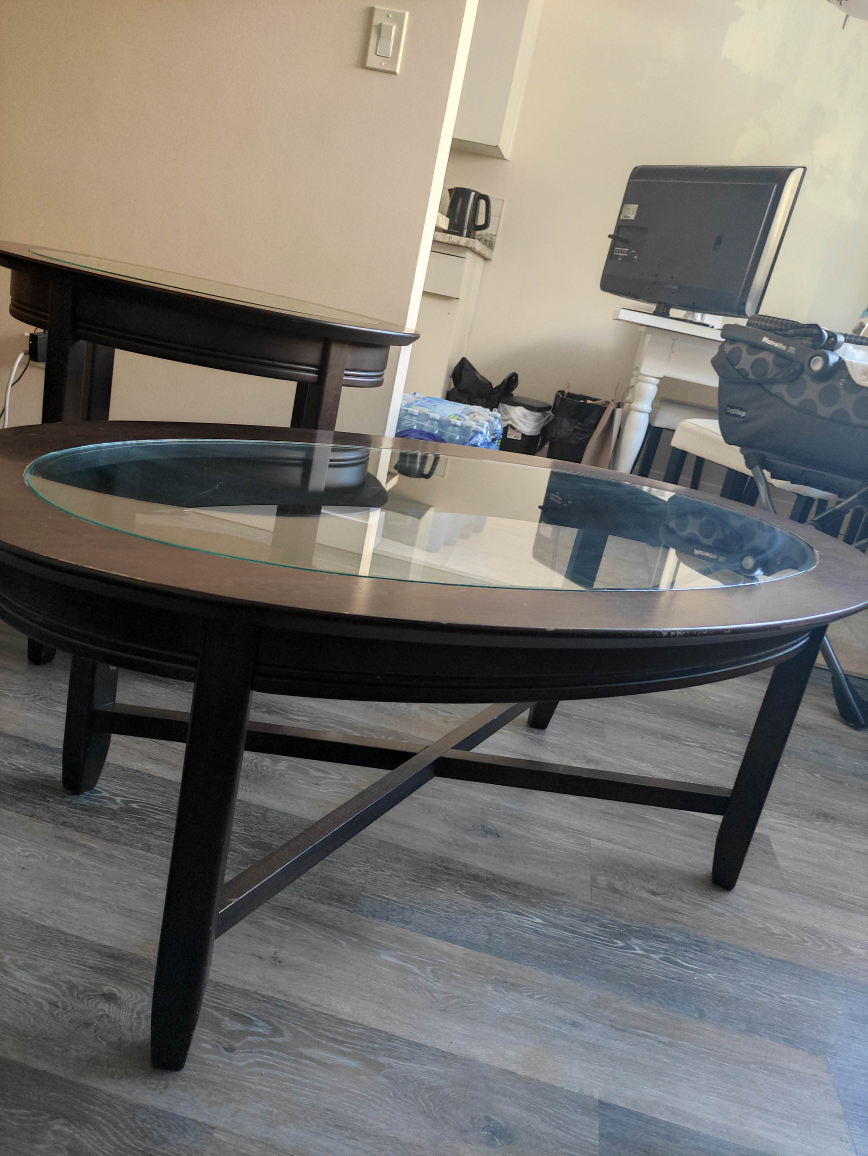 Dark Brown Wood Oval Coffee Table Set with Glass Tops