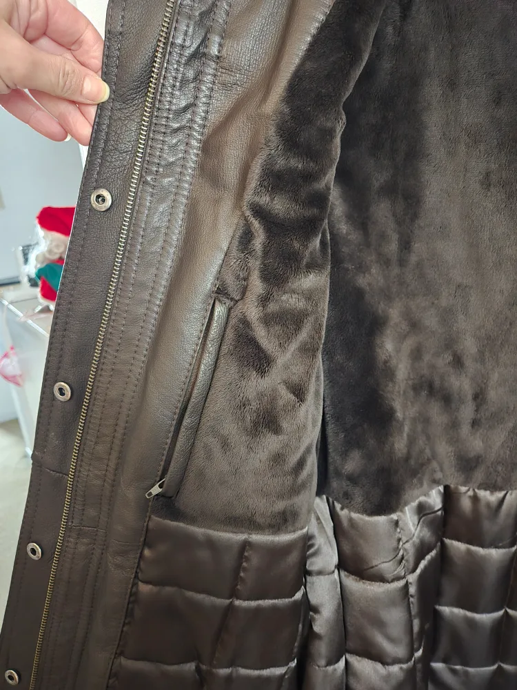 Women's Brown Leather winter coat with Faux Fur Hood image indicator(7)