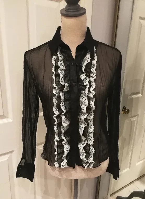 Black wrinkled sheer shirt with lace ruffles size S thumbnail